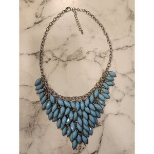 Statement Blue Leaf Bib Necklace With Silver Tone Chain